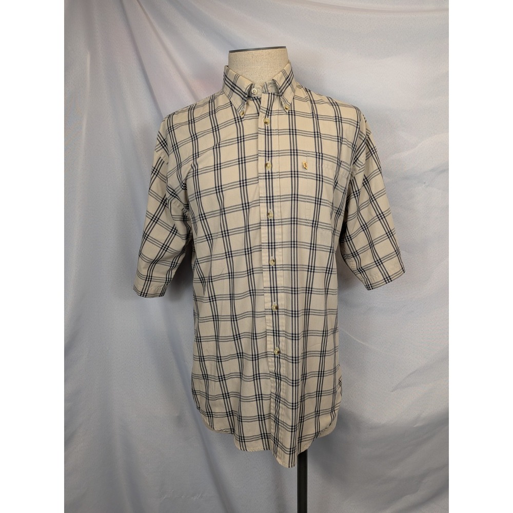 Duck Head Shirt Mens L Beige Navy‎ Plaid Short Sleeve Wrinkle Free Button Down